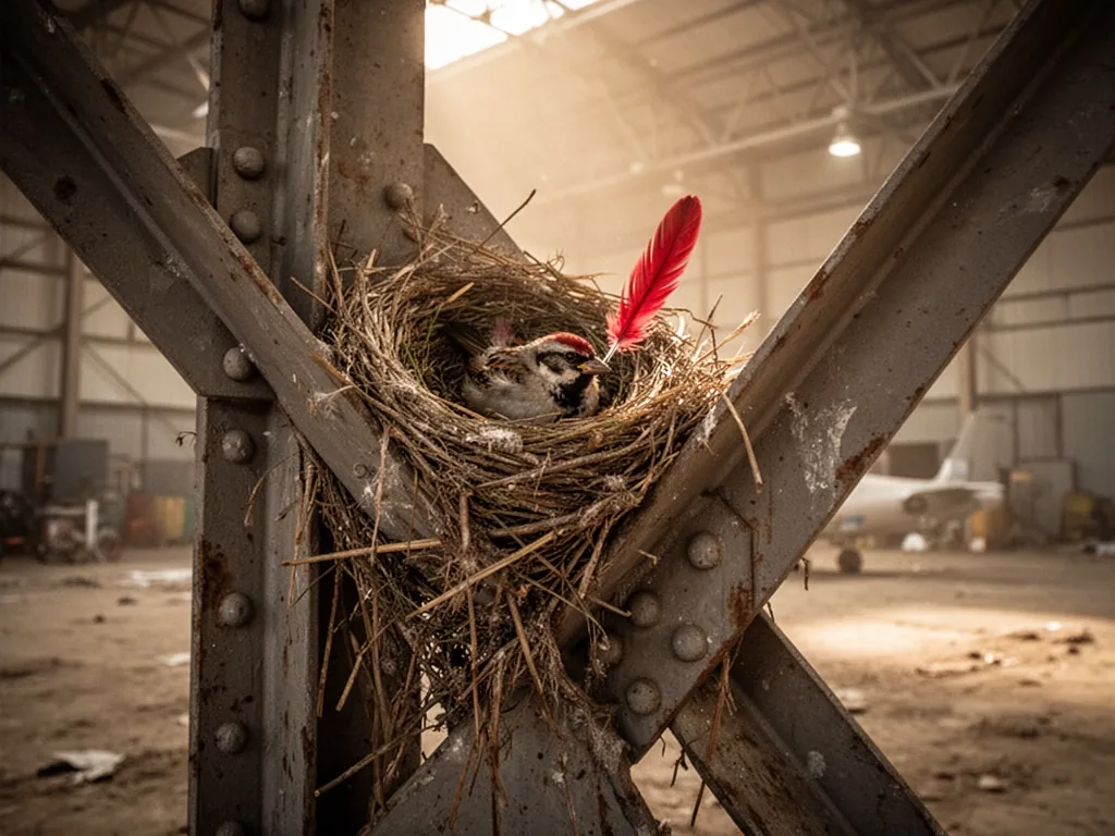A red-tailed bird's nest wedged between steel girders in a dusty hangar, dry grass and twigs, a single crimson tail feat