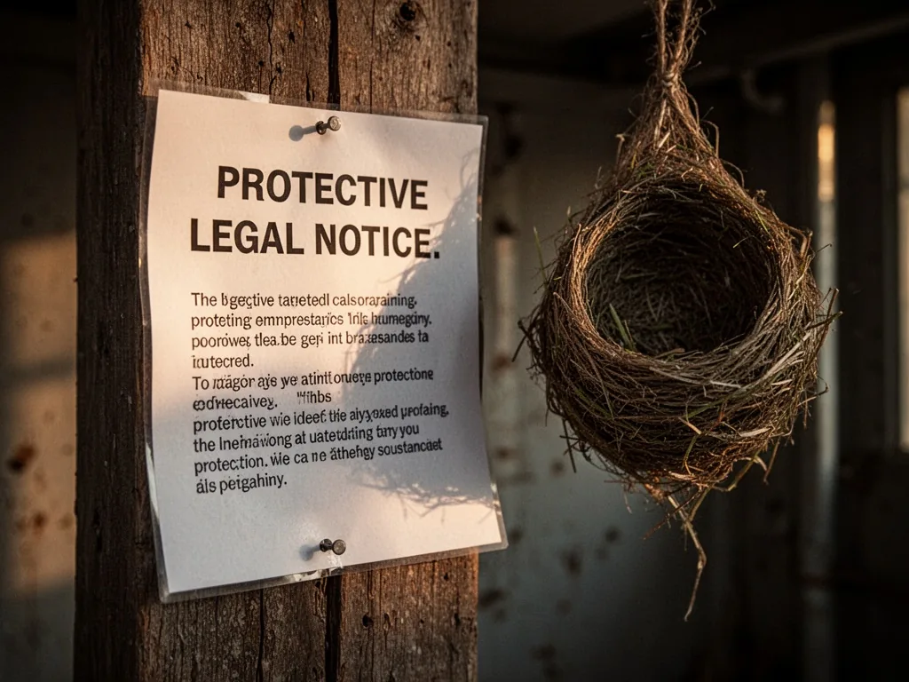 A protective legal notice pinned to a wooden post next to a hanging bird nest, crisp white paper, bold black text, soft 