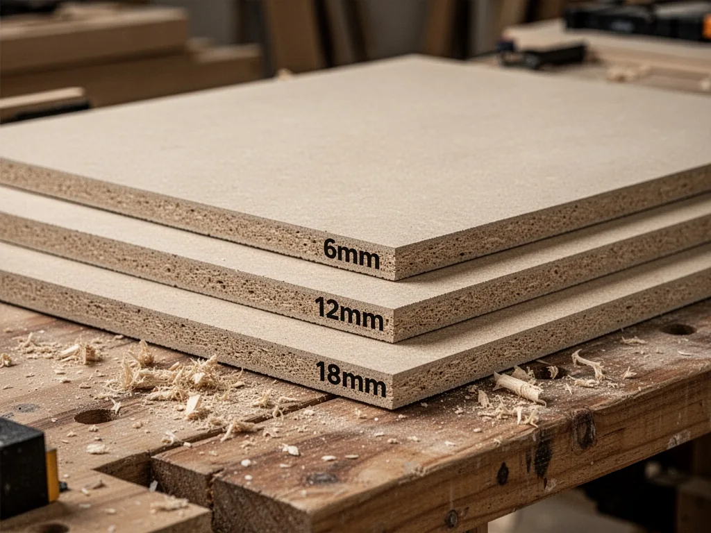 Three particle board sheets of 6mm, 12mm and 18mm stacked edge-aligned on a wooden workbench, sawdust scattered around, 