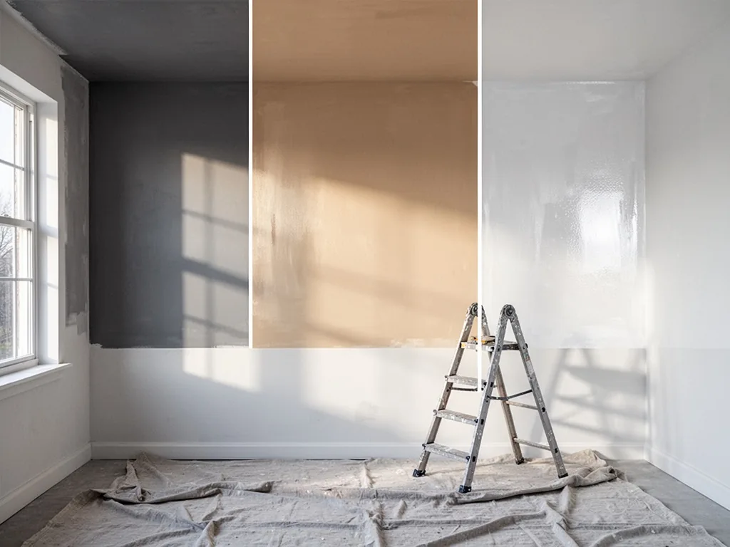 Three ceiling paint swatches side by side: velvety matte gray, silky satin beige, glossy pearl white, angled afternoon s