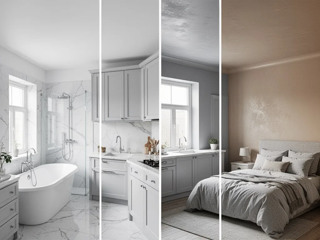 A bathroom, a kitchen, and a bedroom each showing a different ceiling paint finish: matte white above the tub, satin pal