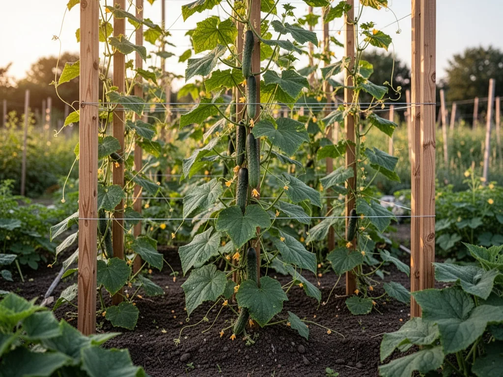 A tall wooden trellis with green cucumber vines climbing upward, taut horizontal wire at 1