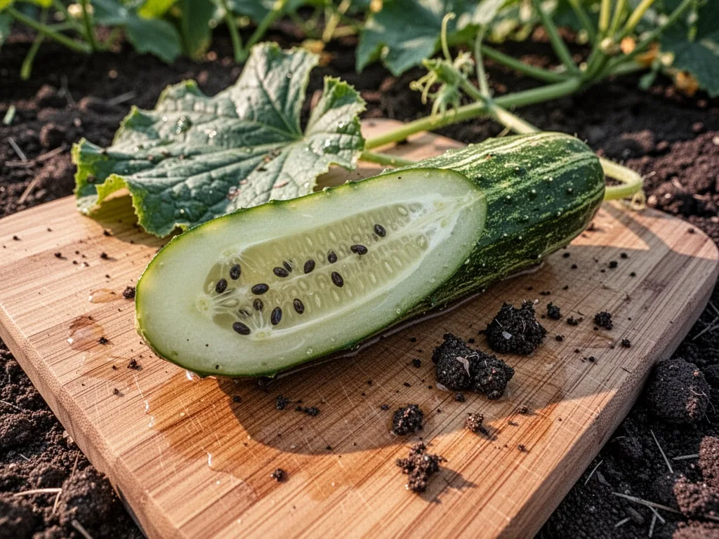 A sliced cucumber on a wooden cutting board, waterlogged pale flesh with dark seeds, bitter-tasting appearance, harsh ov