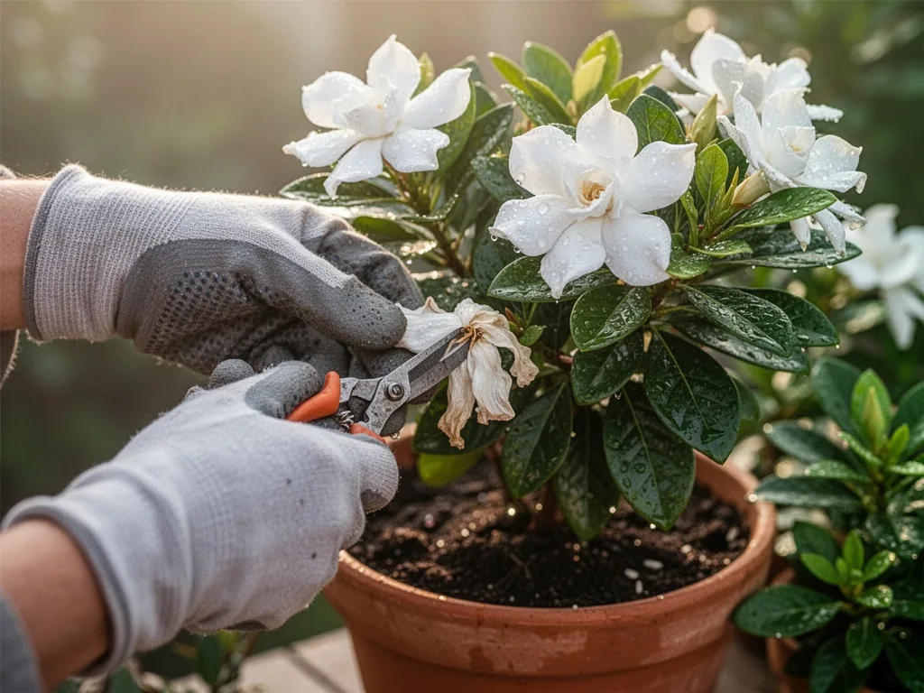 A pair of hands in gardening gloves snipping a wilted white petal from a potted gardenia, water droplets on glossy green
