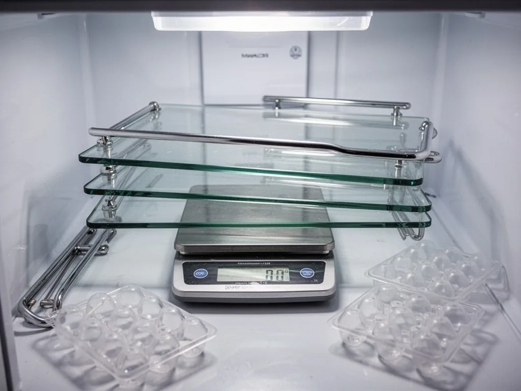 Glass refrigerator shelves stacked on a digital scale, chrome handles and plastic egg trays scattered around, bright ove