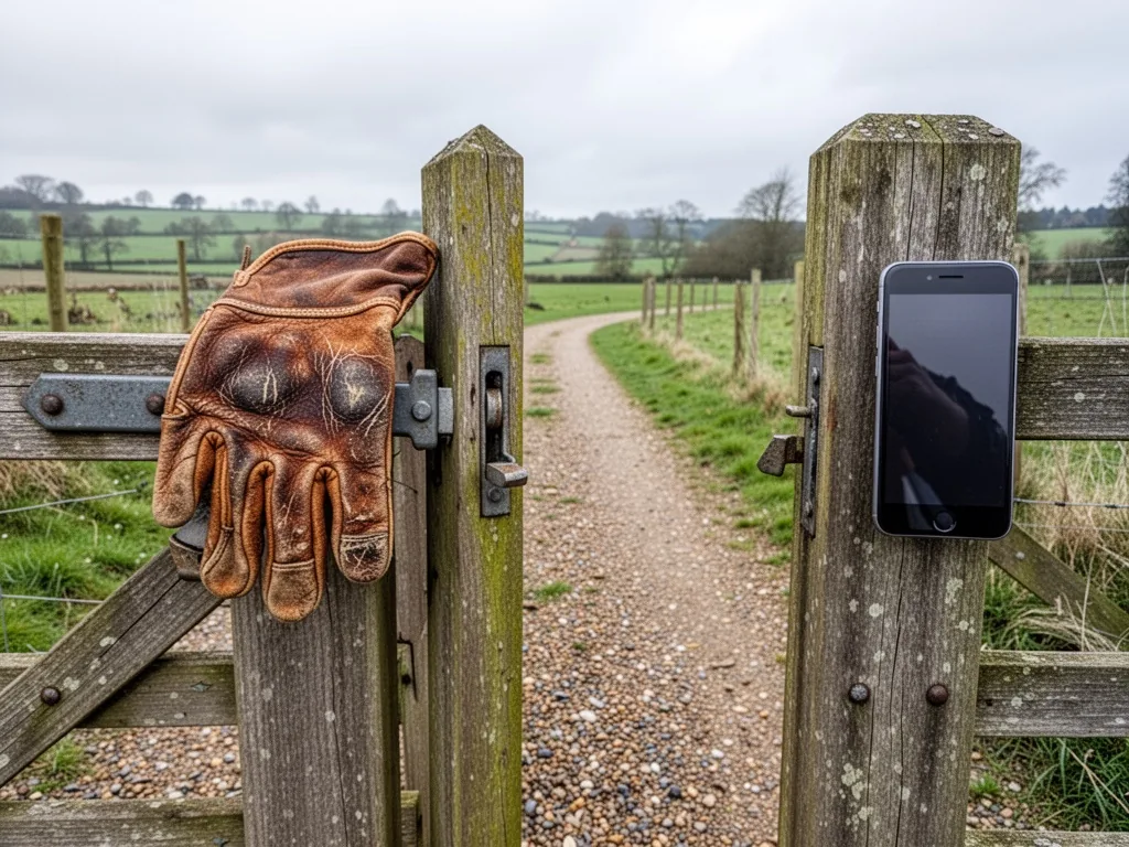 A weathered wooden farm gate half open, a scratched leather work glove resting on one post, a clean smartphone on the ot