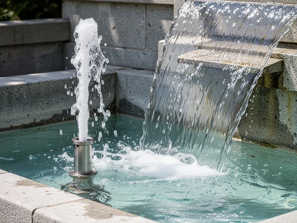 A vertical water jet rising from a metal nozzle beside a wide laminar water sheet flowing from a different nozzle, both 