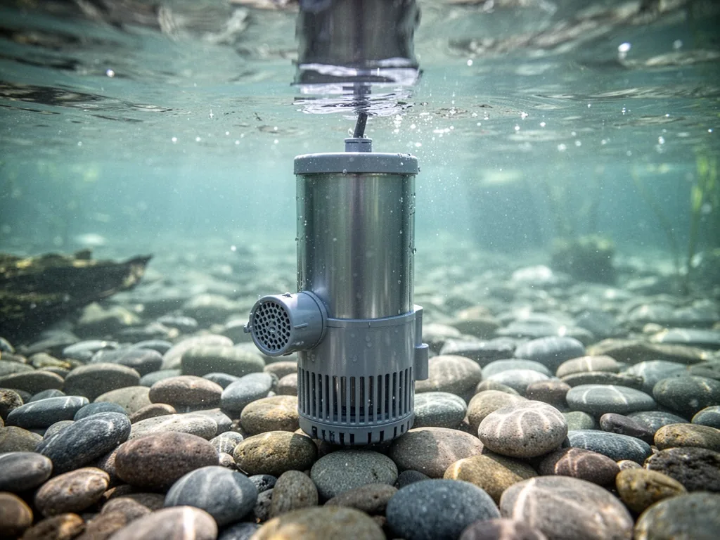 A cylindrical water filter pump submerged in clear pond water, intake grille visible, surrounded by smooth pebbles, soft