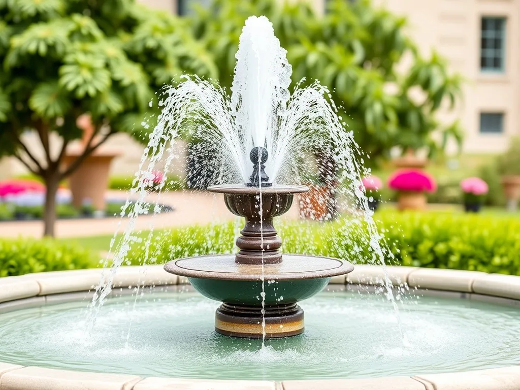 Pompe pour fontaine immergée dans un bassin, tuyau de refoulement visible