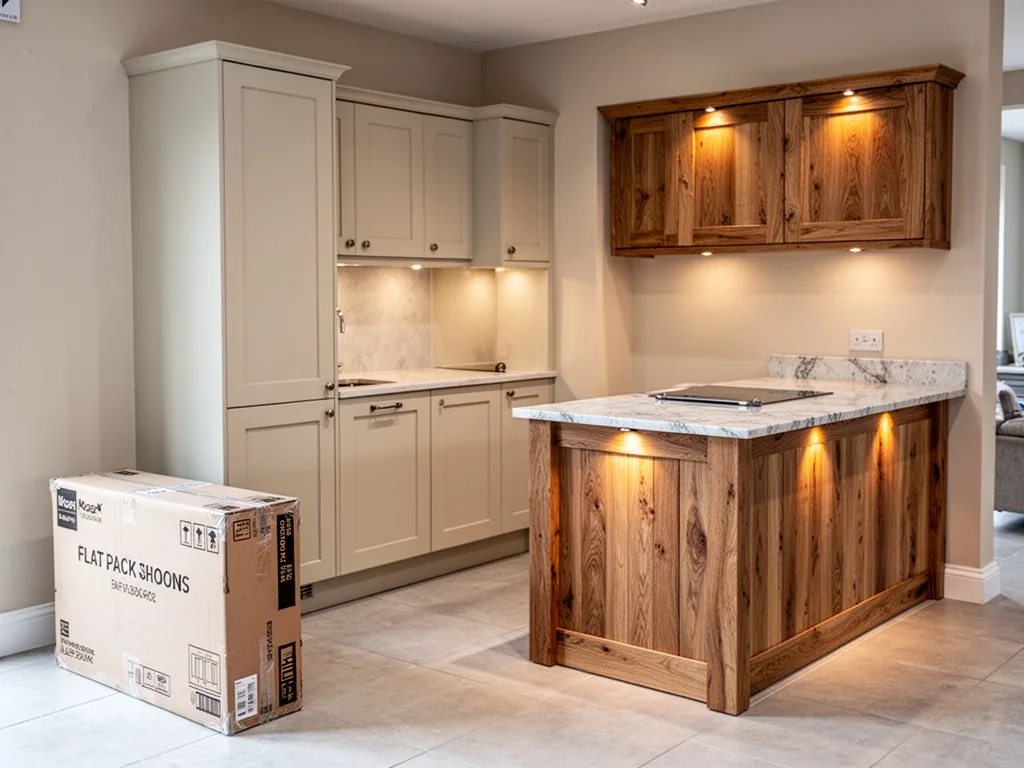 A kitchen showroom corner with three display zones: a flat-pack box on the floor, a compact fitted kitchen with closed c