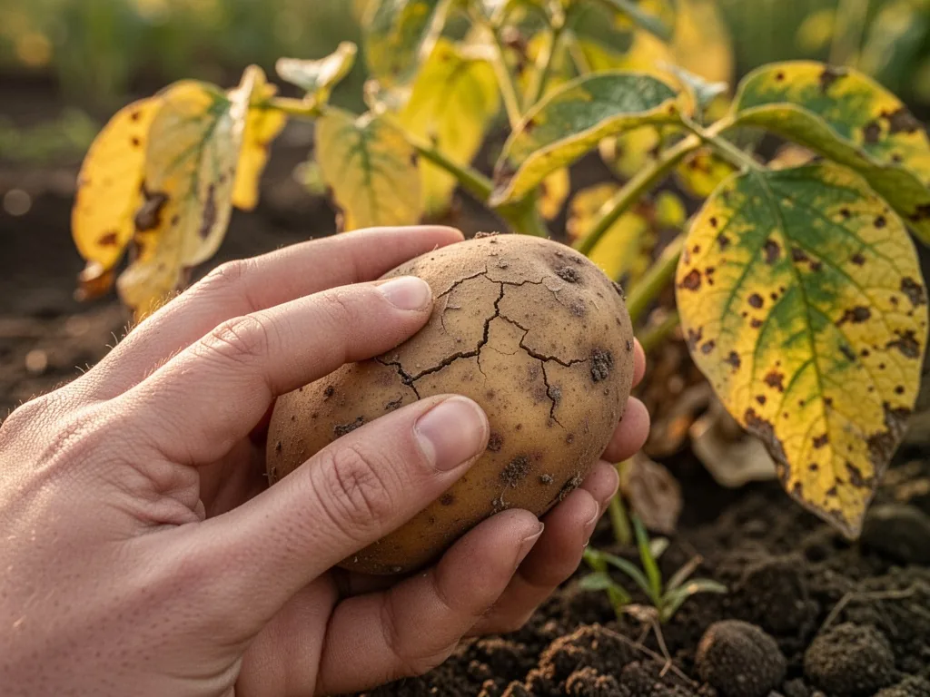 A close-up of a hand gently rubbing a potato skin with fine cracks, yellowing potato leaves in background, soft afternoo