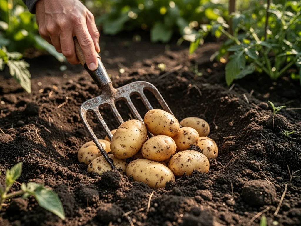 A garden fork carefully lifted from soil revealing unblemished golden potatoes, a hand holding the handle, rich dark ear