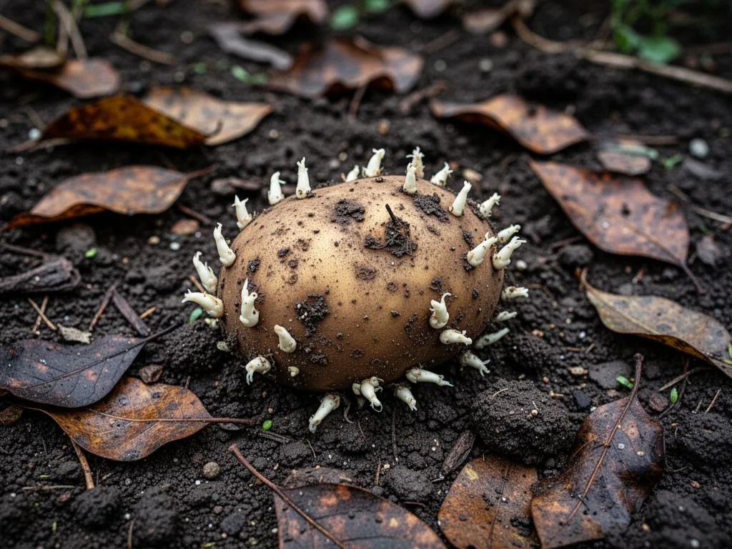 A rotting potato with white sprouts in moist soil, scattered dead leaves, dark shadowy ground, overcast lighting, damp t
