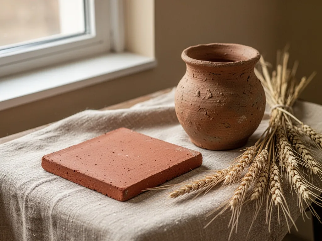 A red terracotta tile on a beige linen cloth next to a rough clay pot and dried wheat stems, soft daylight from a window