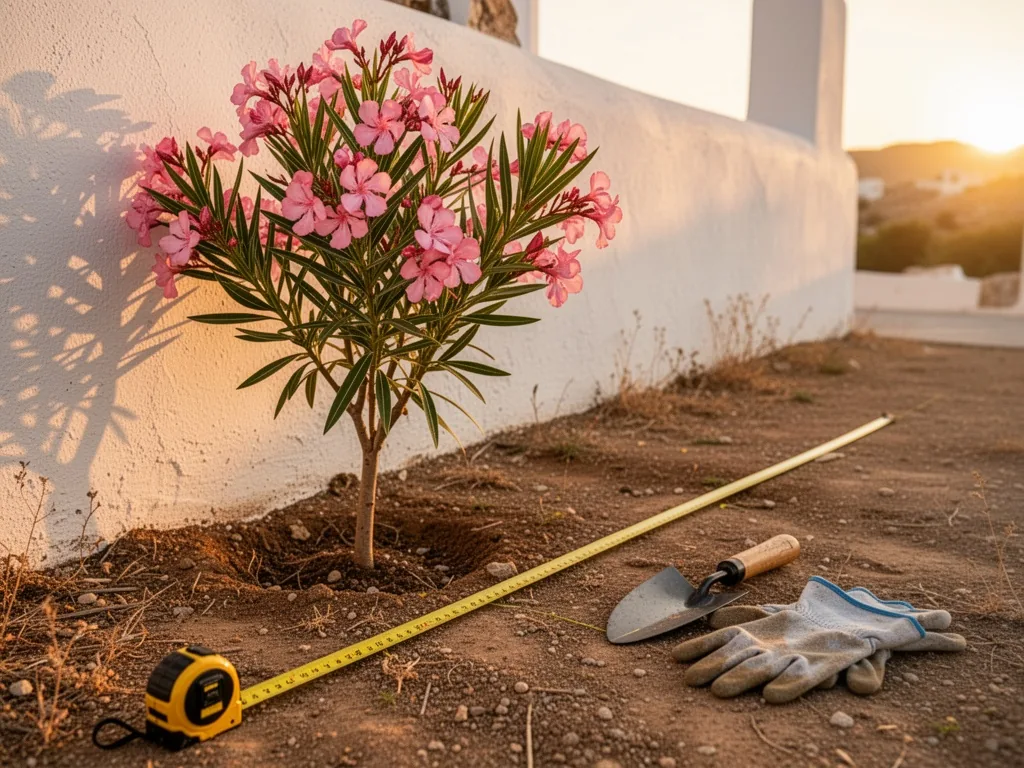 A young pink oleander shrub beside a white plaster wall, a yellow tape measure unrolled on dry ground marking a safe dis