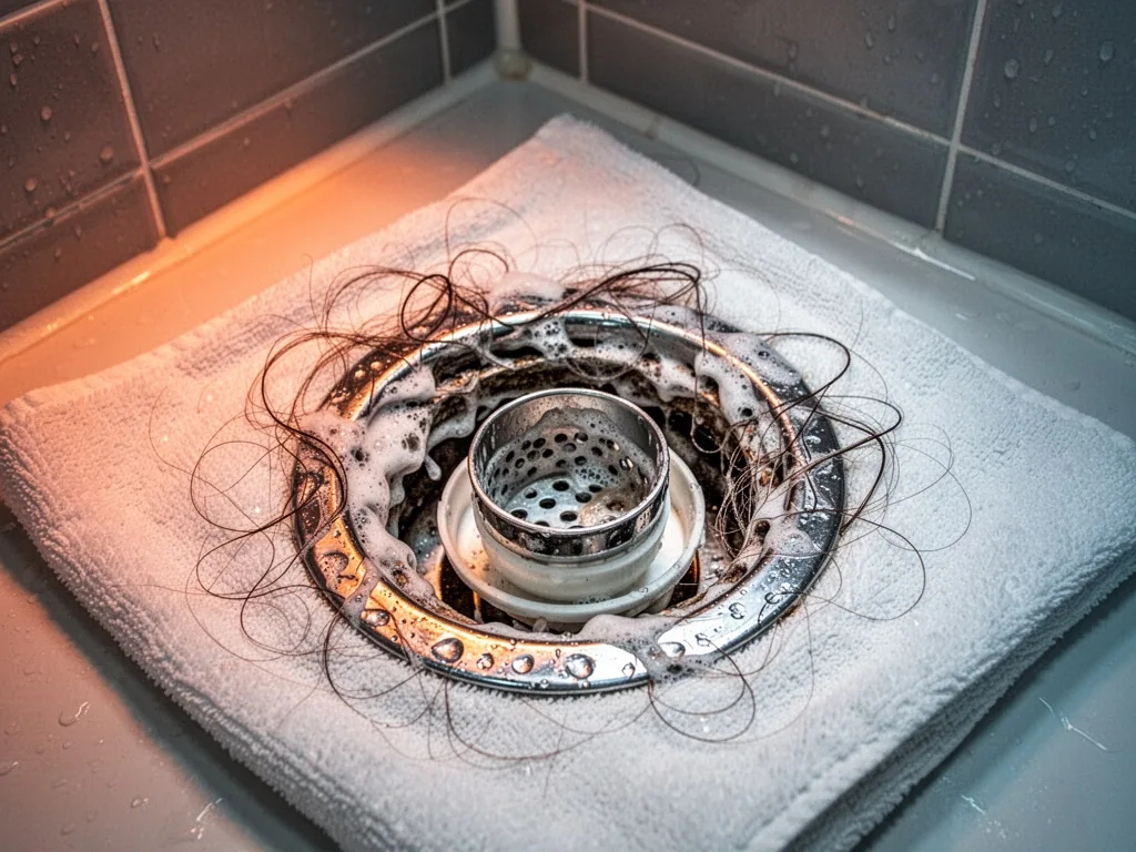 A chrome shower drain with a removed siphon basket, layered with wet hair and soap scum, resting on a white towel, brigh