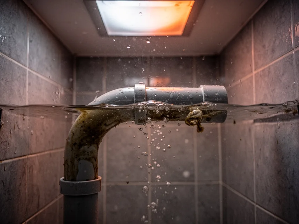 A curved PVC pipe partially filled with murky water, seen through a cross-section, tiny air bubbles rising, dim light fr