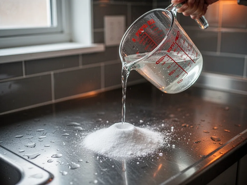 A glass measuring cup holding white vinegar being poured over a small heap of baking soda on a stainless steel counterto