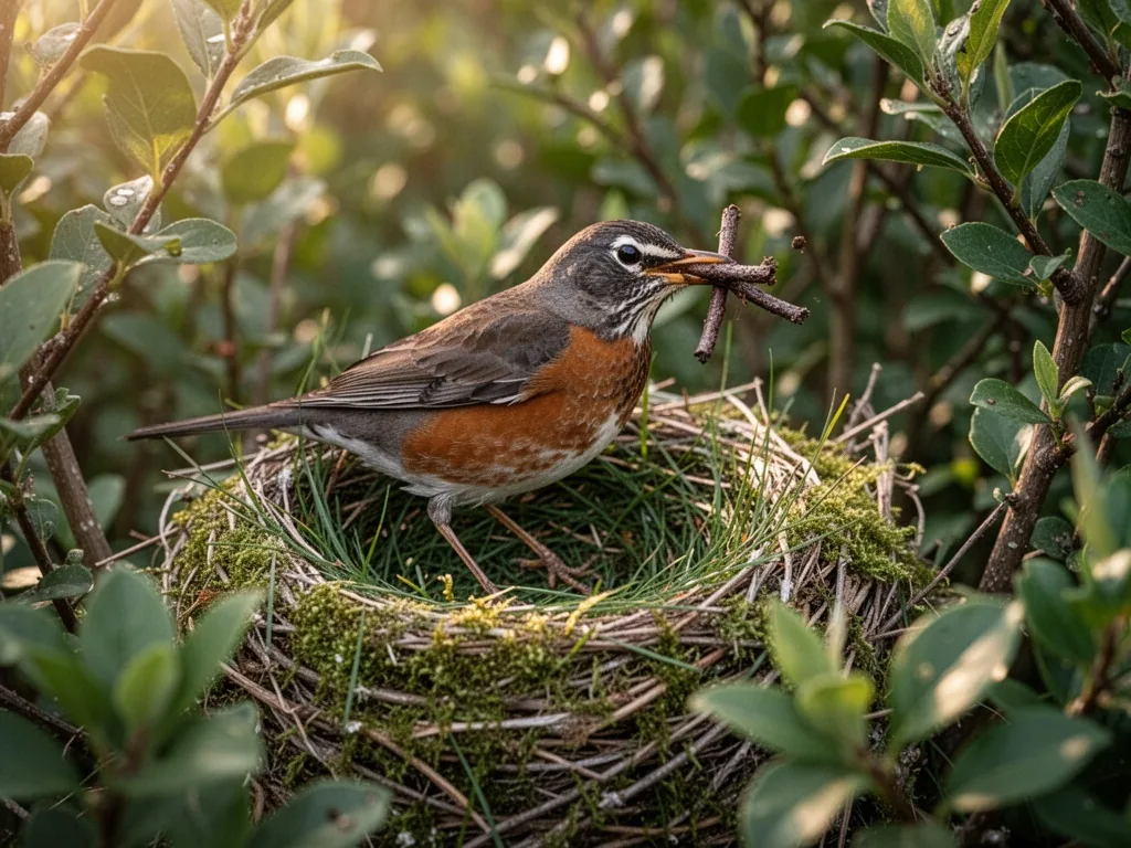 A female robin carrying a twig in her beak, perched on a half-built nest in a dense bush, moss and grass lining visible,