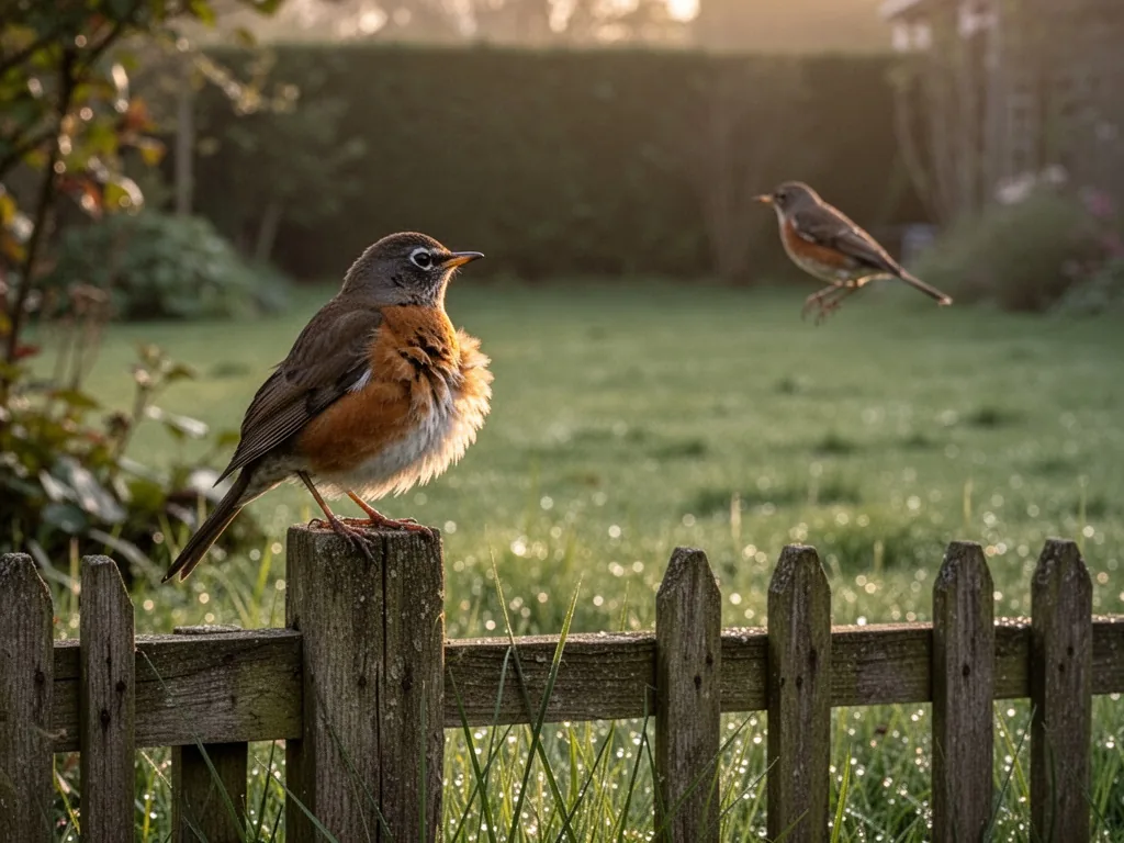 A female robin on a wooden fence post, alert with puffed chest, watching a rival robin in the distance, soft golden dawn