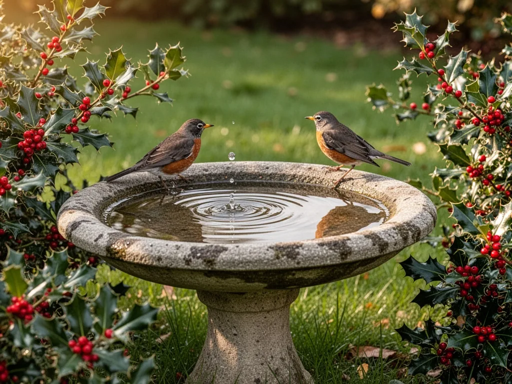 A stone birdbath filled with fresh water, surrounded by holly bushes with red berries, a female robin landing on the rim