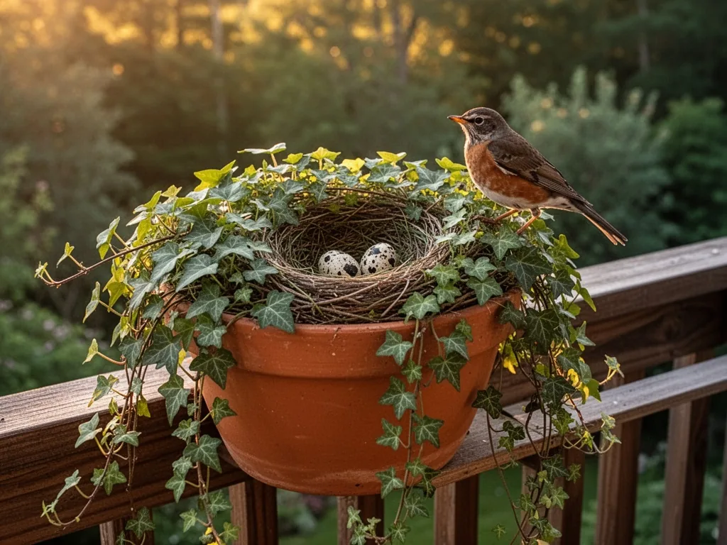 A terracotta planter on a wooden balcony railing, filled with green trailing ivy, a robin’s nest with two speckled eggs,