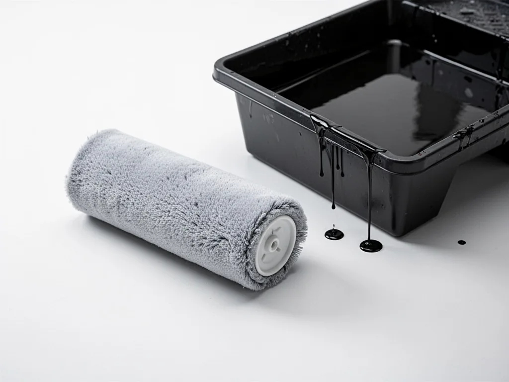 A short-nap microfiber roller sleeve lying on a clean white surface, next to a paint tray with glossy lacquer, soft stud
