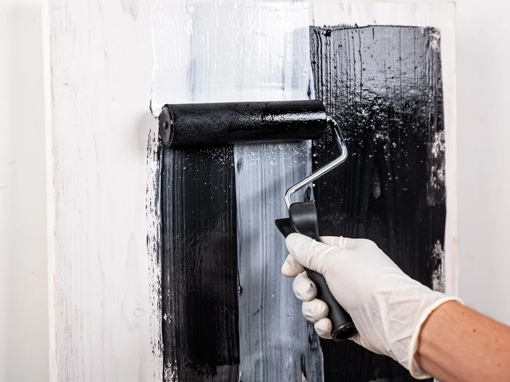 A hand in a white glove holding a lacquer roller, applying smooth vertical strokes on a primed wooden panel, bright over
