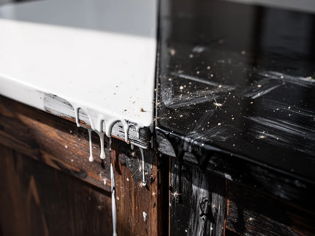 A flawed lacquer finish with visible drips, trapped dust specks, and brush marks on a dark wooden surface, harsh side li
