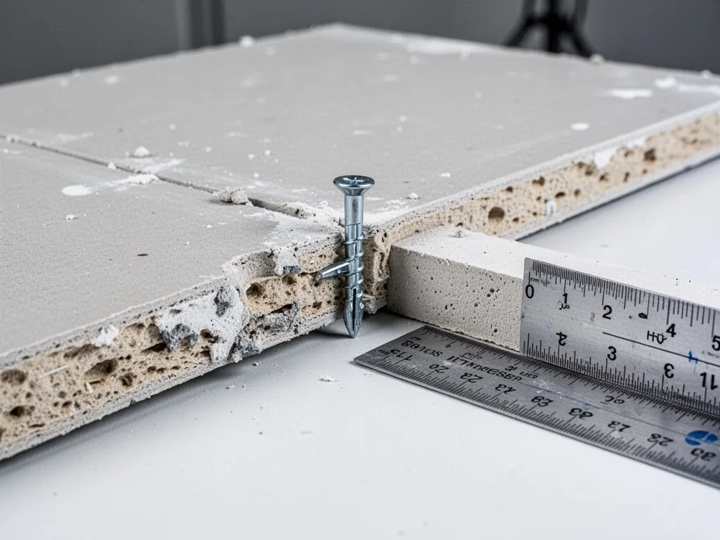 A cross-section of plasterboard with a Molly anchor inserted too short, the tip protruding barely beyond the board, a ru