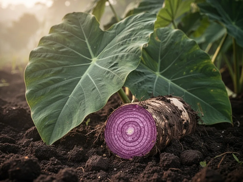 A giant taro leaf with deep green veins, a cross-sectioned corm revealing purple interior and concentric rings, dark moi