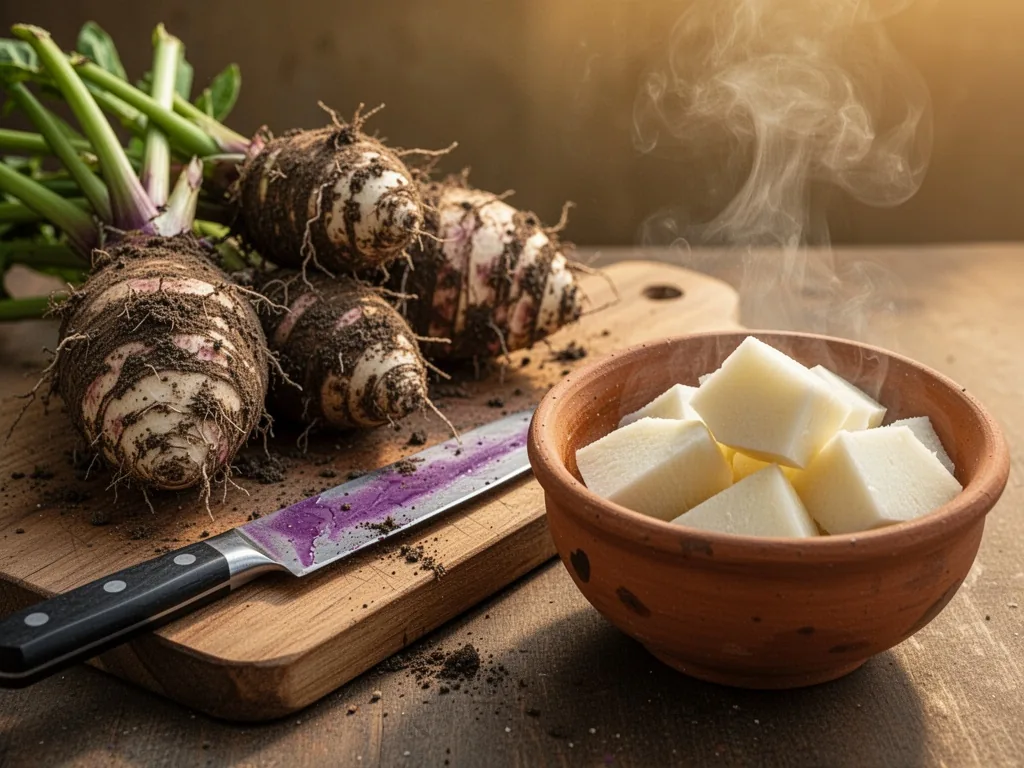 Freshly harvested taro corms with dirt clinging, a wooden cutting board, purple-stained knife blade, steamed taro chunks