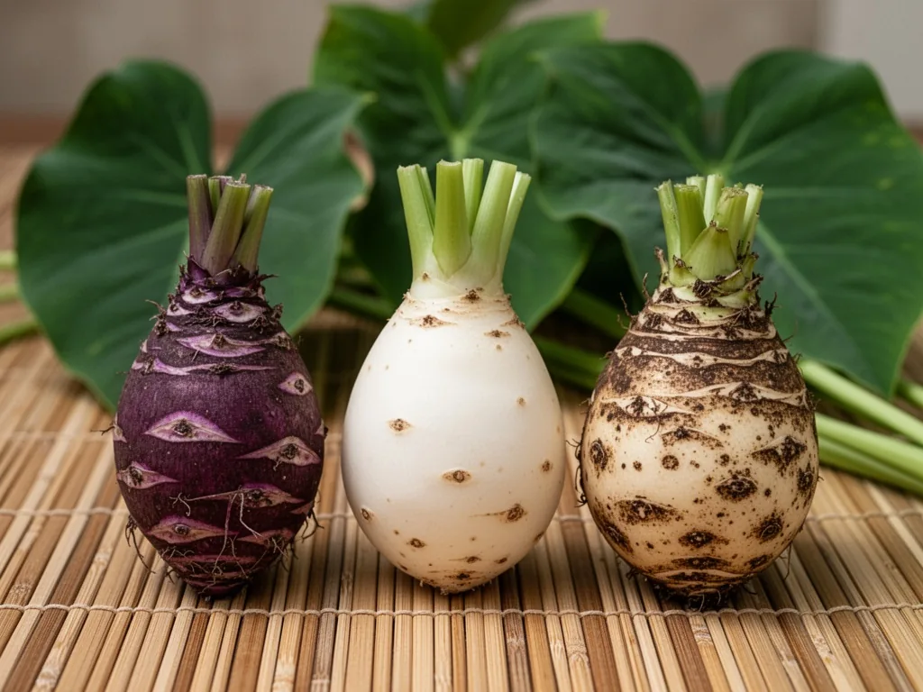 Three taro varieties: purple, white, and Japanese satoimo side by side on a bamboo mat with distinct shapes and colours,