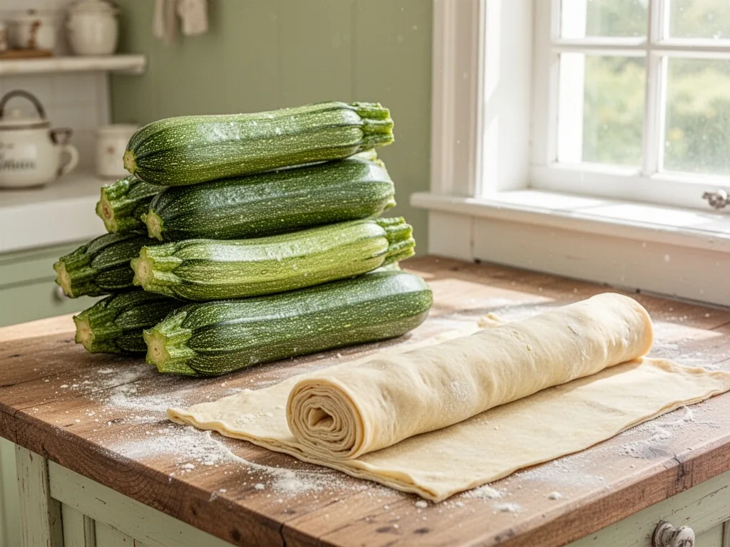 A stack of fresh green courgettes next to a rolled puff pastry sheet on a floured wooden counter, daylight streaming fro