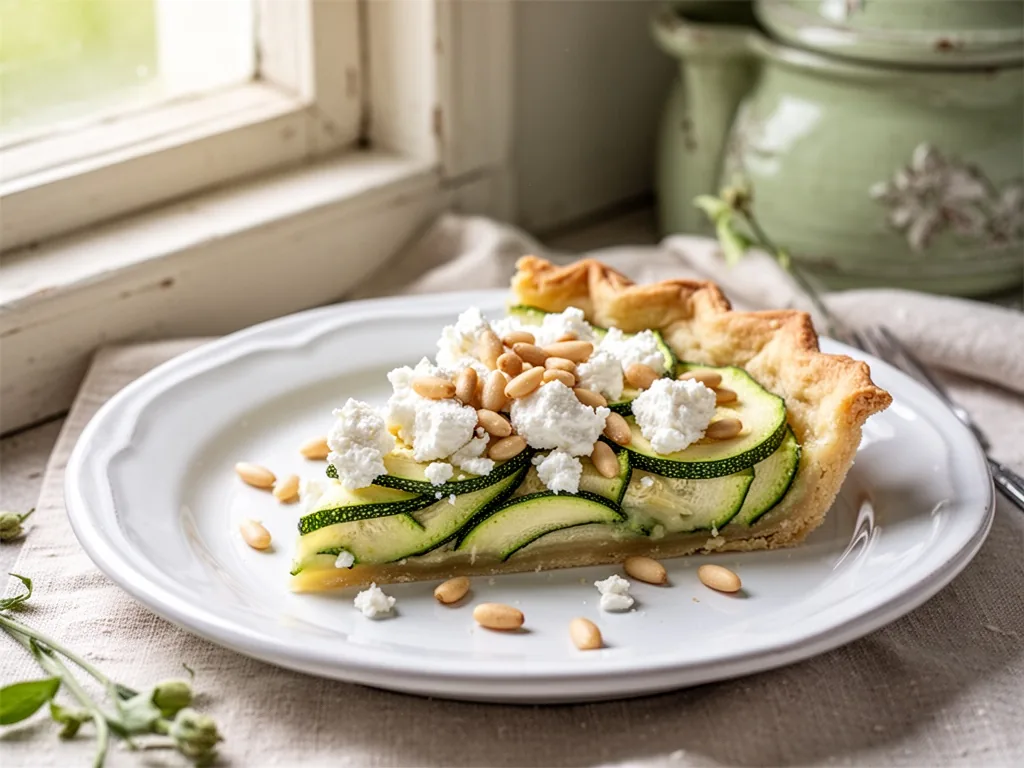 A slice of zucchini tart topped with crumbled goat cheese and toasted pine nuts on a white plate, soft natural light fro
