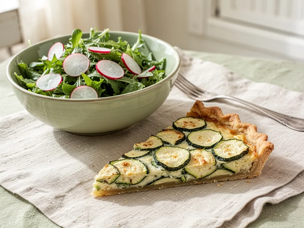 A rectangular slice of zucchini tart beside a bowl of crisp green salad with radish slices, no tomatoes, morning light o