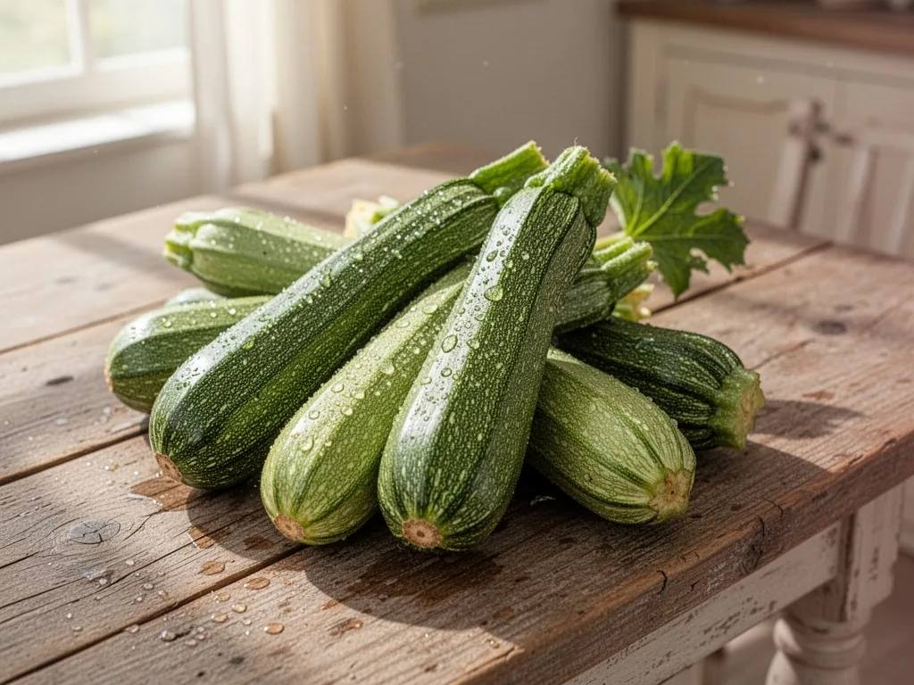 A handful of freshly picked courgettes with morning dew on a rustic wooden table, pale sunlight highlighting their green