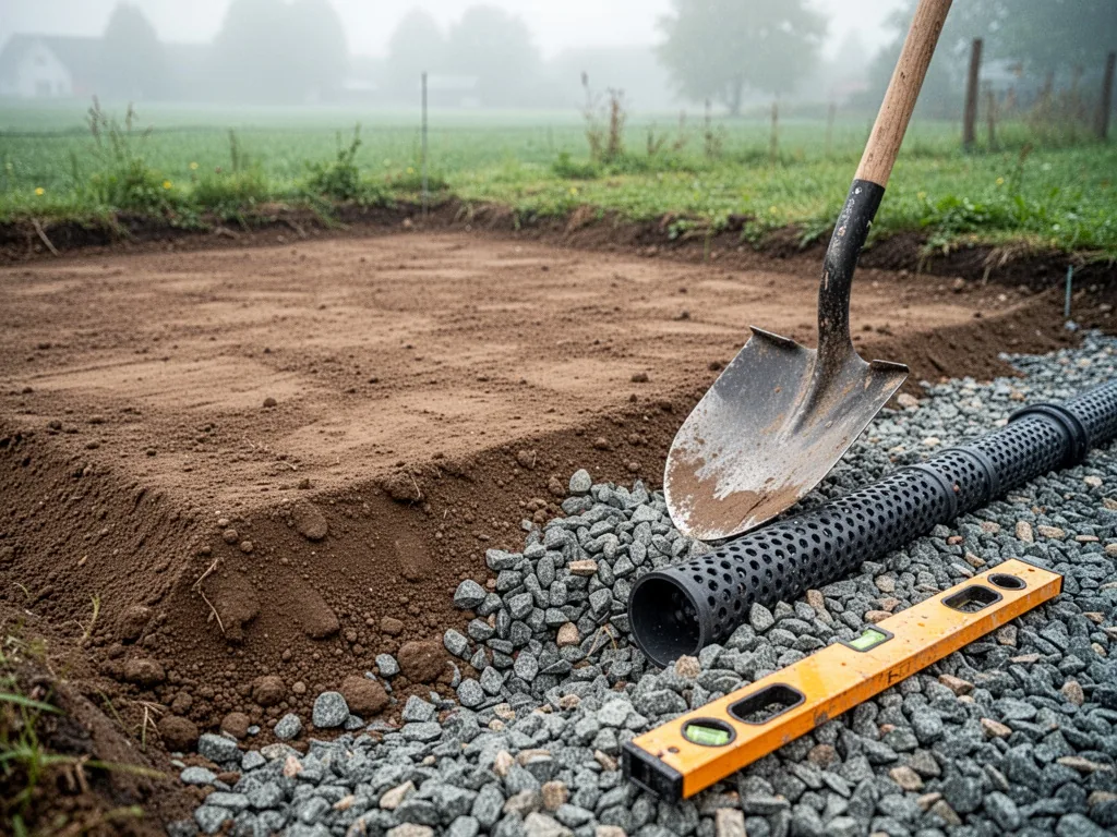 A patch of leveled bare soil with a shovel blade resting on crushed gravel, a perforated drainage pipe and a spirit leve