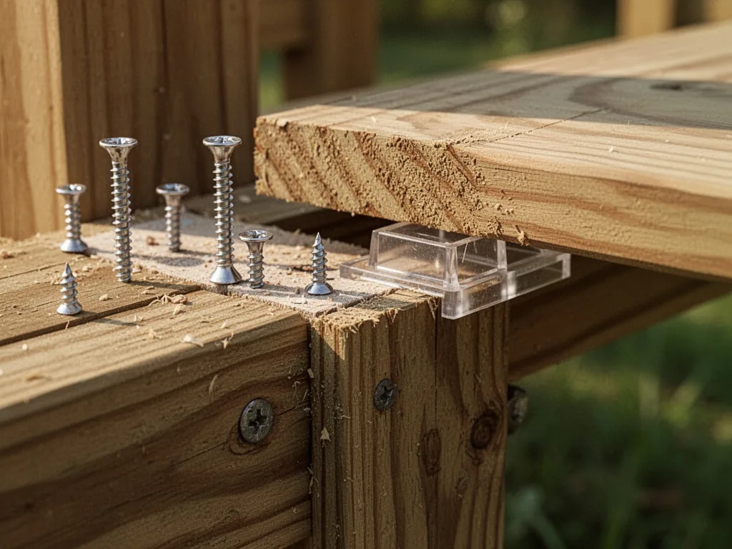 Close-up of stainless steel screws driven into a pressure-treated wooden joist, a deck board lifted with a plastic space