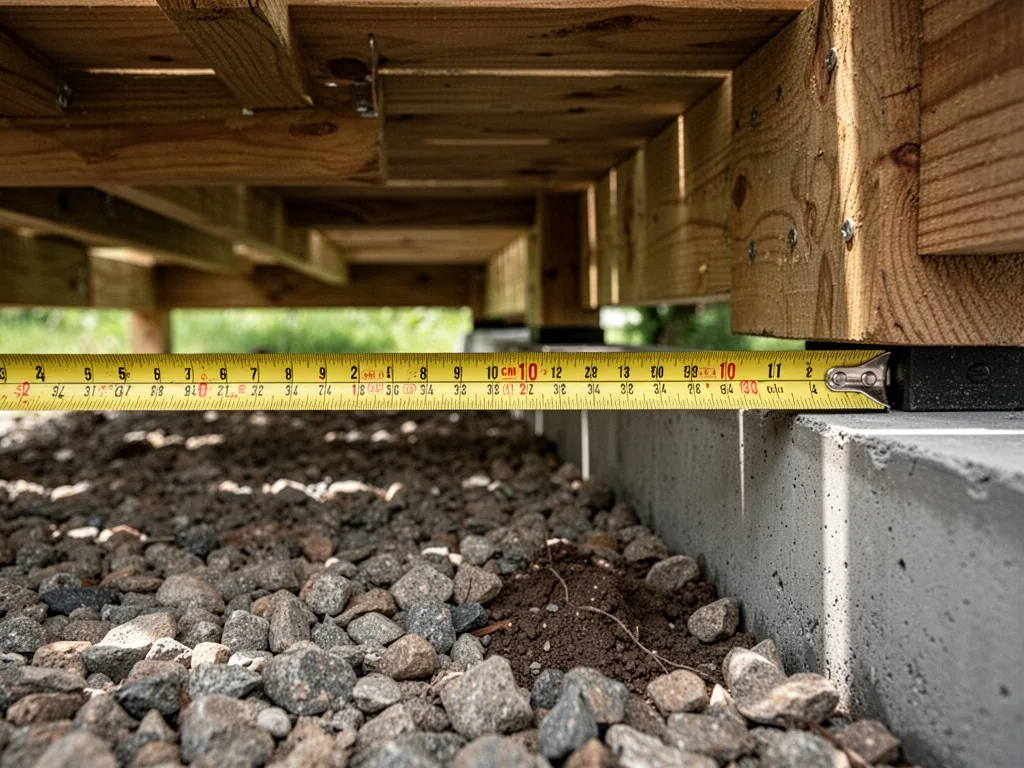 A yellow measuring tape showing exactly 10 cm clearance under a wooden deck structure, gravel ground visible, soft shade