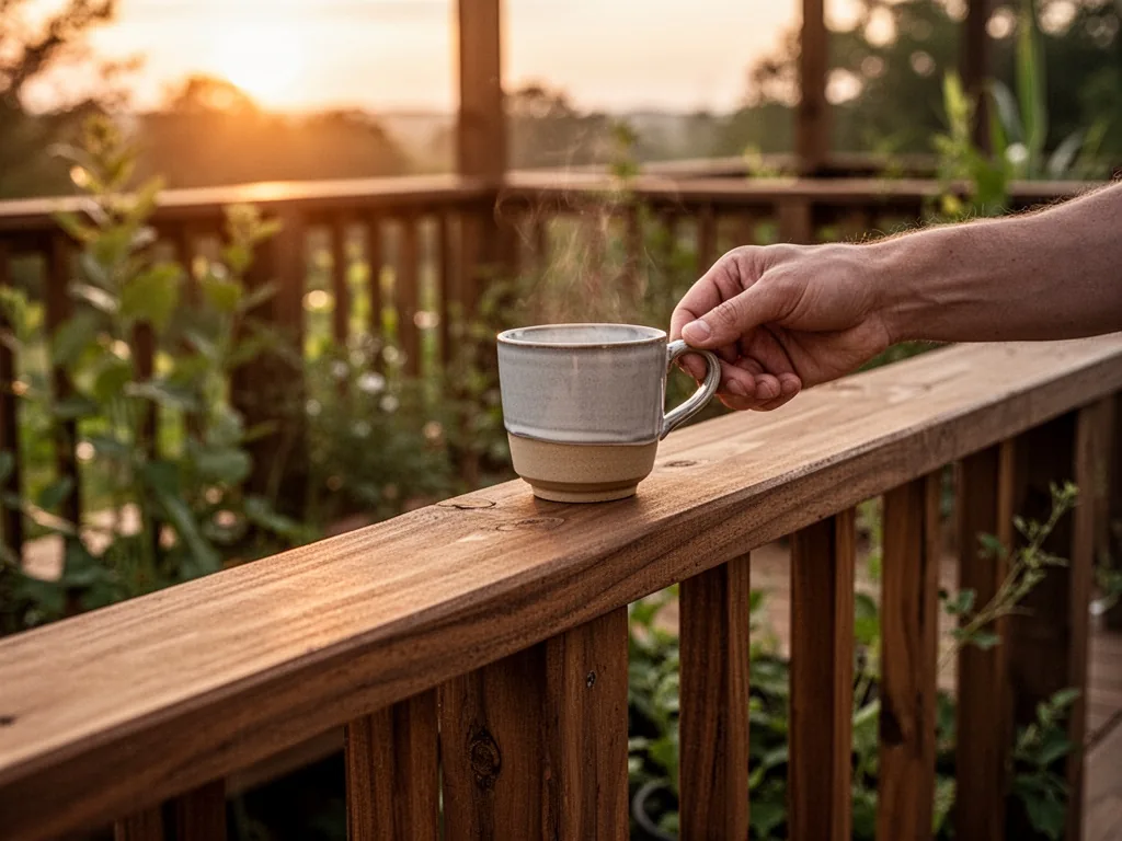 A finished wooden terrace with a hand placing a ceramic cup on the railing, sunset golden light, calm atmosphere, green 