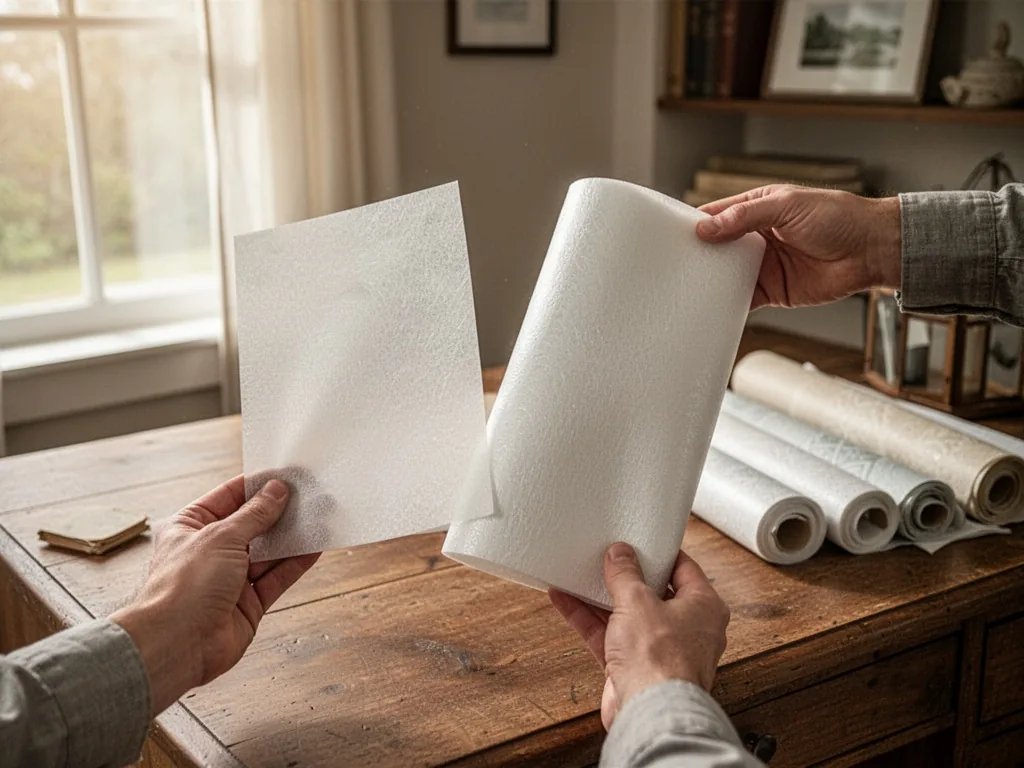 Two cut swatches of smooth fiberglass wallcovering, one thin and one thick, held by hands above a wooden desk with rolle
