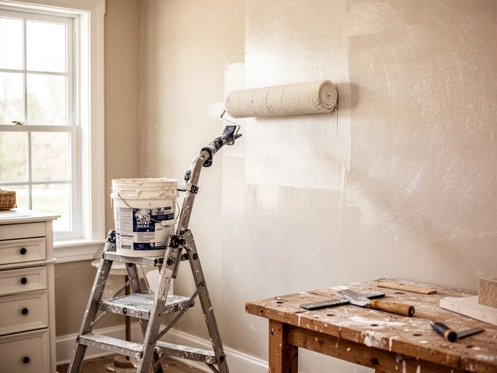 A wide paint roller pressing smooth fiberglass wallcovering onto a wall, a stepladder holding a paste bucket, workbench 
