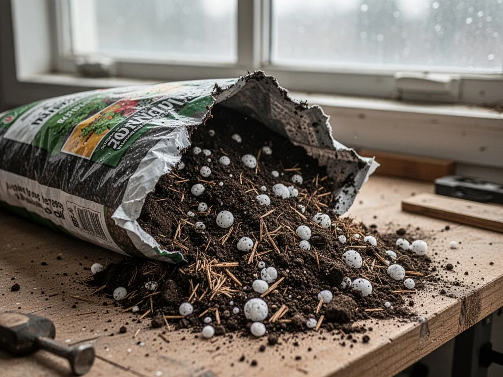 A torn open bag of commercial potting soil spilling onto a workbench, revealing dark soil mixed with white perlite chunk