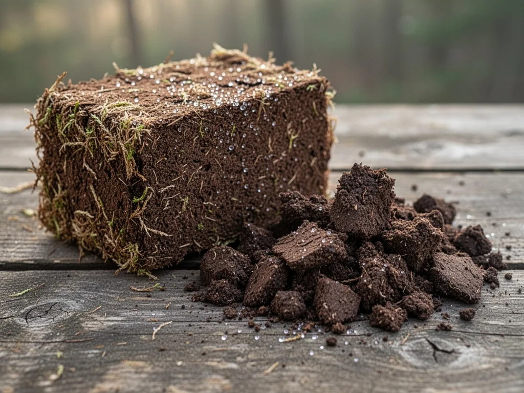 A compressed block of sphagnum peat moss beside a crumbled pile on a rustic wooden surface, morning light highlighting f