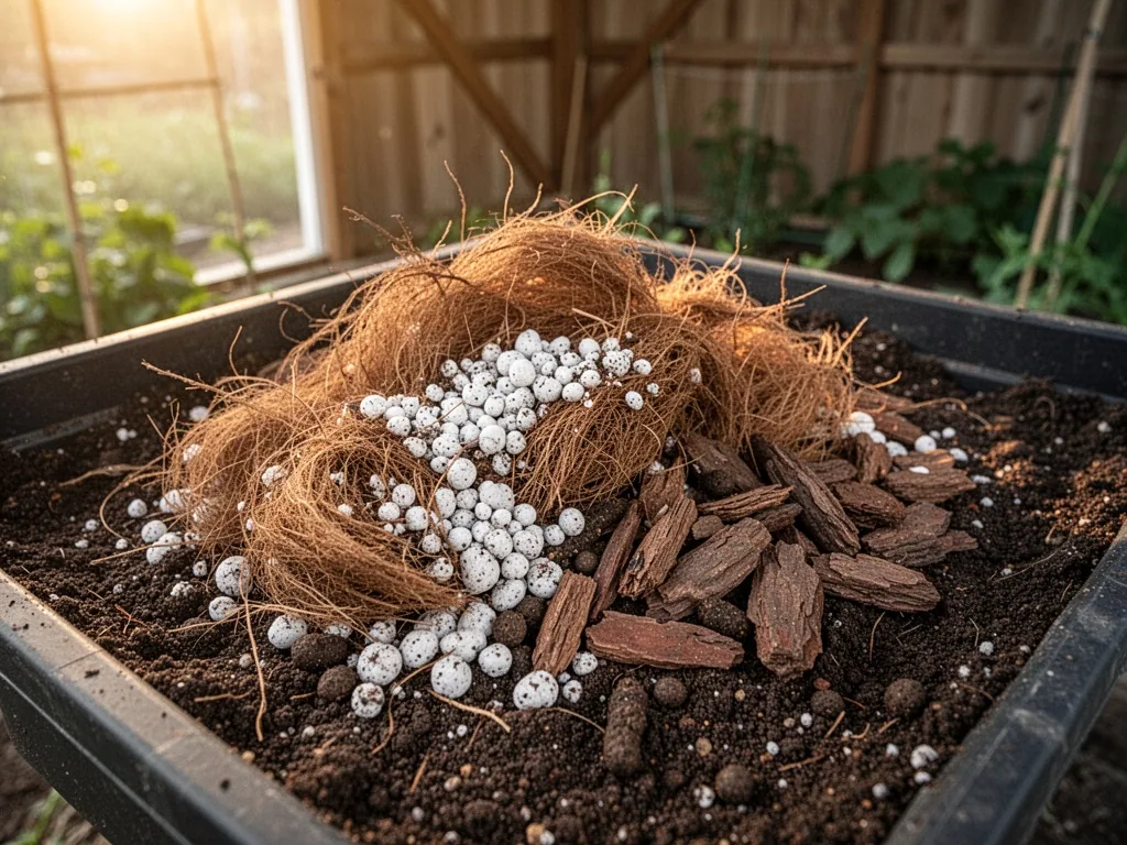 A handful of coconut coir fiber mixed with perlite, worm castings, and small bark chips, resting on a dark soil tray, wa