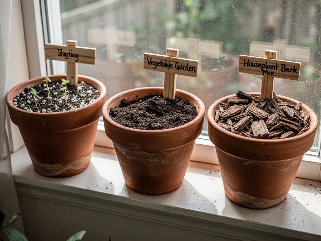 Three terracotta pots lined up on a windowsill: one with seed-starting mix, one with vegetable garden soil, one with hou