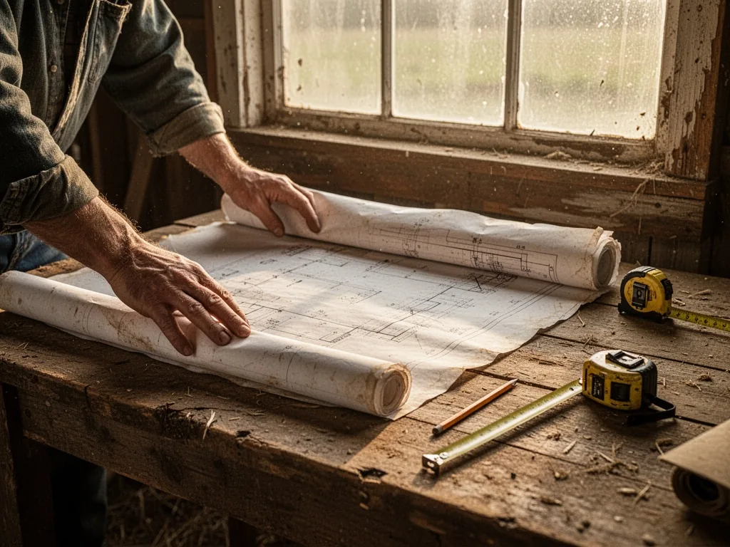 A farmer's hands unrolling a worn blueprint on a rough wooden table, measuring tape and pencil nearby, morning light thr
