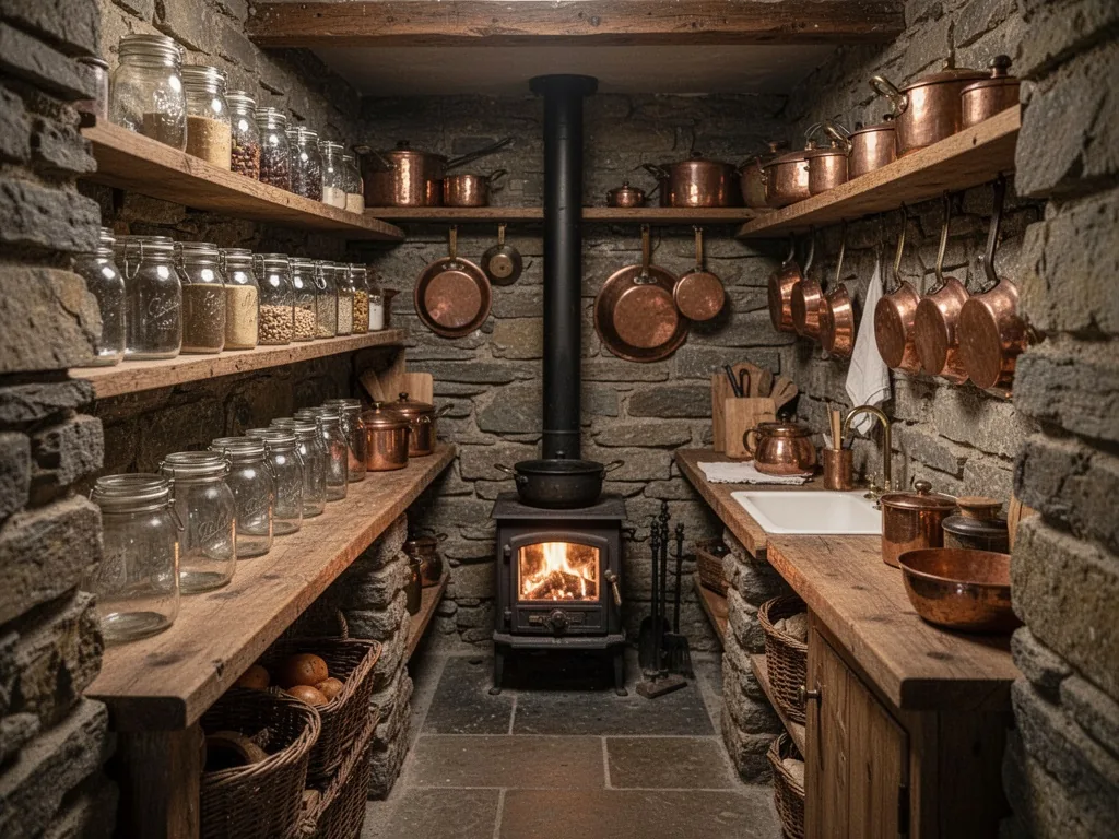 A narrow stone cellar transformed into a compact kitchen, shelves lined with mason jars and copper pots, a small wood st