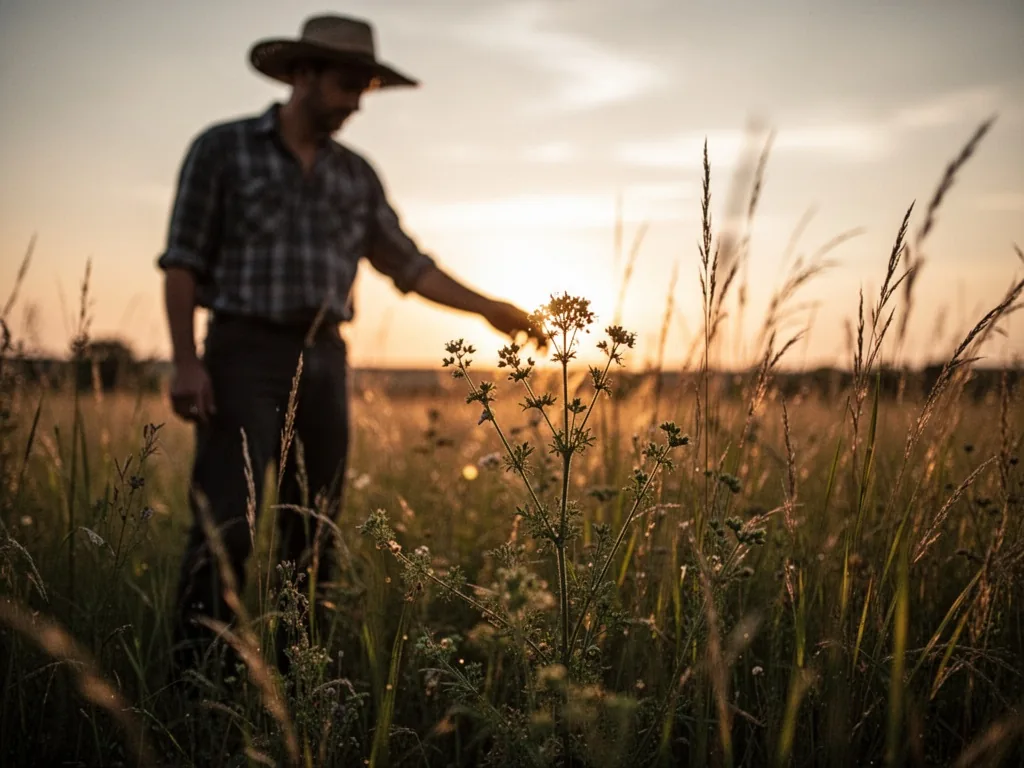 A blurred silhouette of a farmer standing in a field, hand reaching toward a wild herb, golden sunset light filtering th